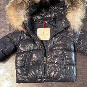 Moncler Shiny Black Jacket with Fur Hood